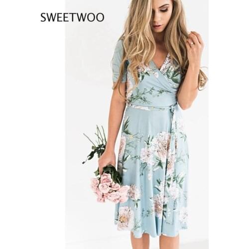 Hot Sale Womens Summer Bohemian Floral V-Neck Loose Short Sleeve Fashion Casual Belted Dress Midi Sundress
