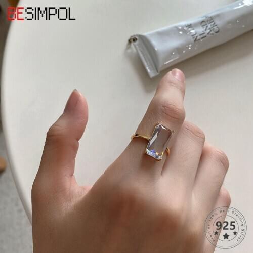 Besimpol Real 925 Sterling Silver Ring Minimalist Style Rectangle Zircon Ring for Women Fashion Simple Ring Fine Jewelry Gifts