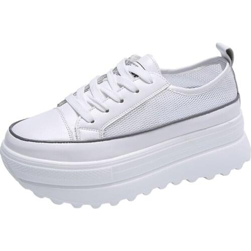2021 New Womens Mesh Shoes High Heel Summer Sneakers Woman Fashion Round Toe Platform Sneaker Women Casual White Travel Shoe