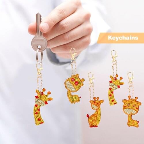 4Pcs DIY Diamond Giraffe Keychain Full Special Shaped Drill Painting Kit Animal Shape Carry Pendant Small Decorations