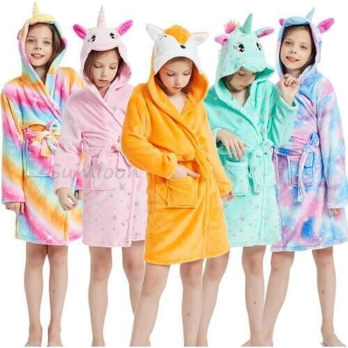 Kigurumi Children Bathrobe Baby Bath Robe Animal Fox Unicorn Hooded Bathrobes For Boys Girl Pyjamas Nightgown Kids Sleepwear