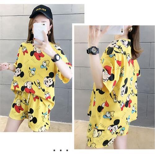 Disney Cotton Round Neck Cartoon Mickey Pajamas Set Summer Short Sleeve Sleepwear Lovely Mickey Leisure Clothes Nightwear
