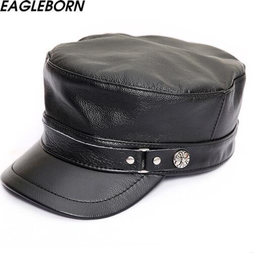 Genuine Leather Military Hats Unisex Dad Caps Black Gorras Planas With Earflaps Winter Hats For Men Women Leather Snapback