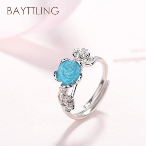 BAYTTLING 925 Sterling Silver Luxury Blue Carved Flower Open Ring For Women Fashion Jewelry Couple Gift