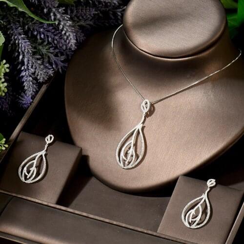 HIBRIDE Sparkly CZ Bride Jewelry Sets For Women White Gold Color Leaf Earring Necklace Set Bridal Jewelry bijoux femme N-1891