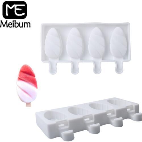 Meibum 4 Cavity Leaf Shape Ice Cream Silicone Mold Fruit Juice Dessert Popsicle Mould Child POP Frozen Cube Lolly Sucker Tray