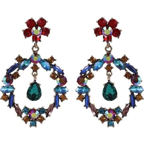 Fashion Exaggerate Antiqued Big Colorful Rhinestone Water Drop Flower Earrings for Women Hollow Bohemian Style Earrings Jewelry