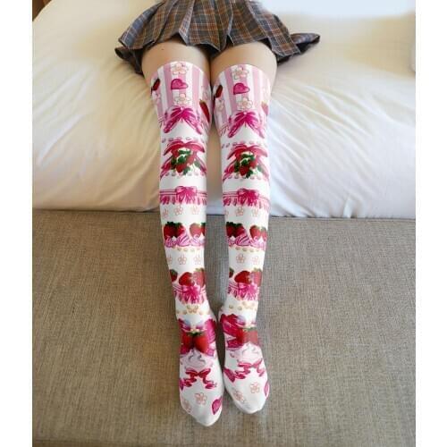 Fashion Women Sexy Stockings Cute Strawberry Bowknot Stockings Thin Silk Red Girls Cosplay Two-Dimensional High Knee Stockings