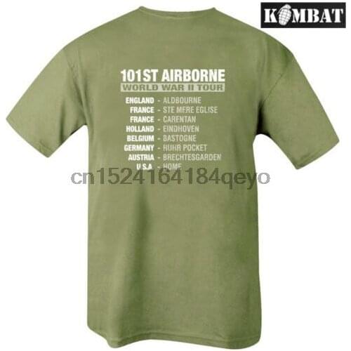 Mens Army WW2 101 101st Airborne Tour Olive Green Double Print Cotton T-Shirt