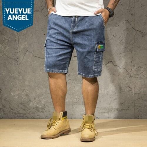 Plus Size 42 Men Denim Knee Length Shorts Fashion Washed Multi-Pockets Cargo Shorts Summer New Outdoor Loose Casual Short Jeans