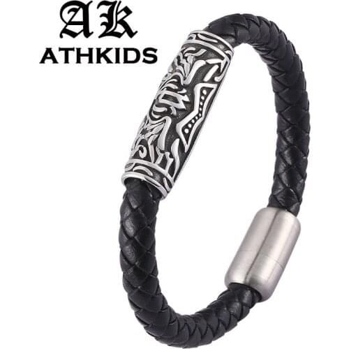 Punk Men Black Leather Braided Bracelet Vintage Hand Jewelry Stainless Steel Magnetic Clasp Weave Male Wrist Band PD0467