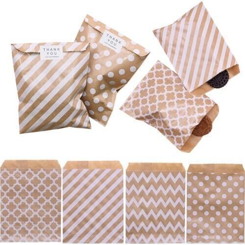 25pcs Kraft Paper Bags Chevron Polka Dots Treat Candy Bags Festival Wedding Birthday Party Favors Packaging Supplies Gift Bags
