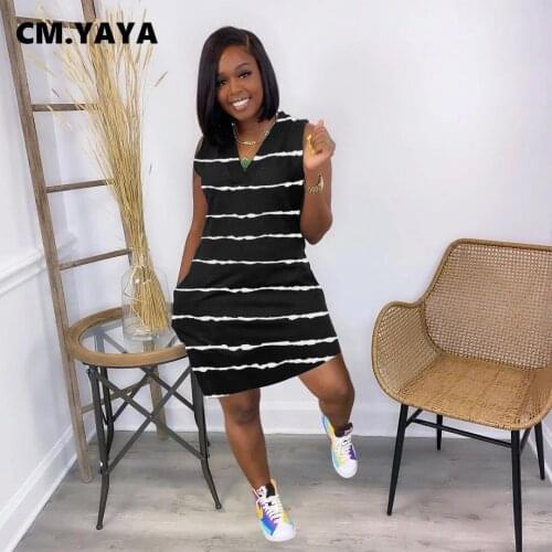 CM.YAYA Women Mini Dress Striped Sleeveless V-neck Straight Loose Dresses with Pockets Casual Fashion Streetwear Summer Outfits