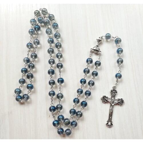 QIGO Transparent Blue Crystal Rosary Necklace Religious Long Pendant Cross Necklace For Men Women