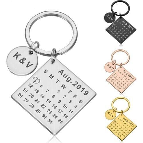 Personalized Calendar Keychain Custom Stainless Steel Keyring Anniversary Wedding Valentine Gift for Women Men Boyfriend Husband