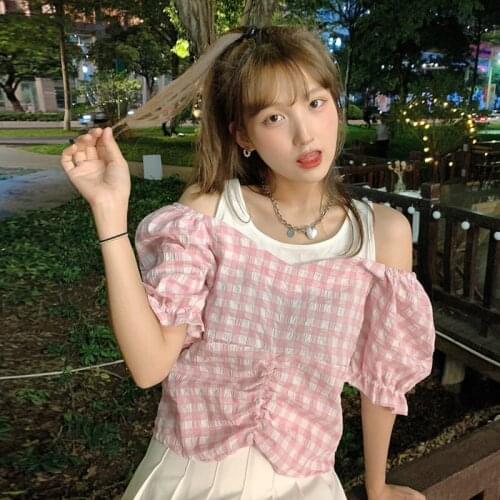 Puff Sleeve Top Pink Plaid Shirt Female Design Sense Niche Off-shoulder Shirt Summer New French Fake Two-piece Upper Clothes