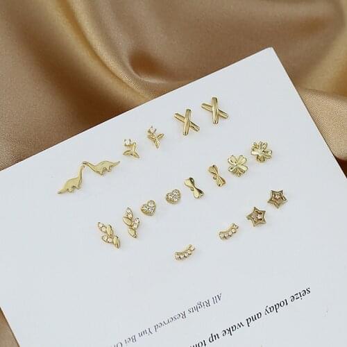 2 Pcs Gold Color Crystal Zircon Heart Bowknot Letter Ear Studs Earrings For Women/Men Geometry Rhombus Star Piercing Jewelry