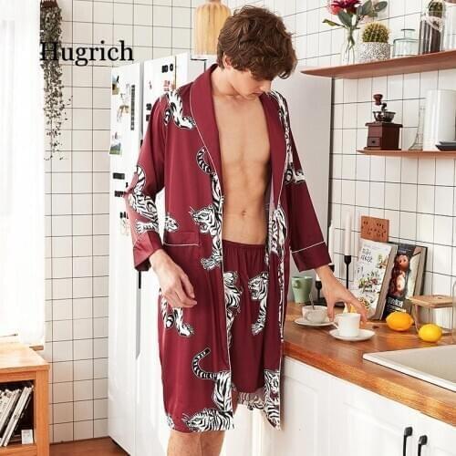 Two-Pieces Silk Nightgown Satin Male Sleepwear Loose Tiger Dress Silky Long Sleeve Robe and Long Pants Bathrobe Set for Men