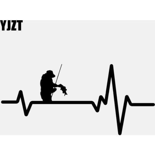 YJZT 16.6CM*7.7CM FISHING Fisherman Holding Fish Heartbeat Vinyl Black/Silver Car Sticker C22-1209