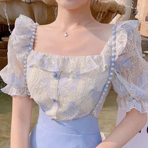 Summer Lace Floral Chiffon Blouse Women Designer Patchwork Korean Sweet Blouse Shirt Puff Sleeve Designer Casual Tops 2021