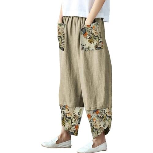 Womens Spring Autumn New Printed Patchwork Pants Cotton Hemp Wide Leg Pants Loose Sport Quick Dry Breathable Yoga Pants