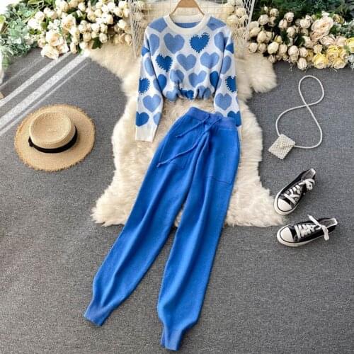 2021 Spring New Knit Outfits Love Heart 2 Piece Sets Women long Sleeve Tops+ Lace Up Waist Ankle Harem Pants Two Piece Set Women