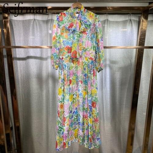 Seifrmann New 2021 Summer Women Fashion Designer Long Dress Lantern Sleeve Bow High Waist Floral Printed Ladies A-Line Dresses