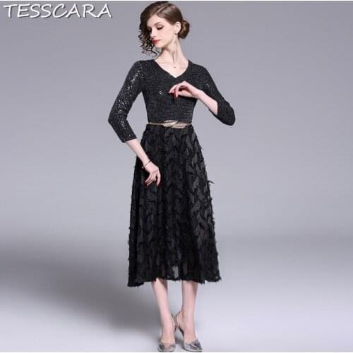 TESSCARA Women Elegant Sequin Dress Festa Female High Quality Vintage Designer Vestidos Black Long Party Robe Femme Plus Size