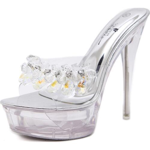 Woman Glass Bead Platform Sexy Dress Party High Heels Shoes Summer Transparent Heels Women Sandals PVC Clear Heels Shoes