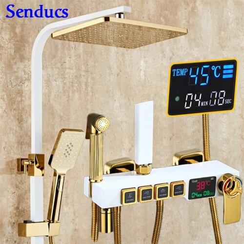 Digital Bathroom Shower System Senducs Brass Bathroom Shower Faucets Rainfall Shower Head White Gold Bathroom Shower Sets