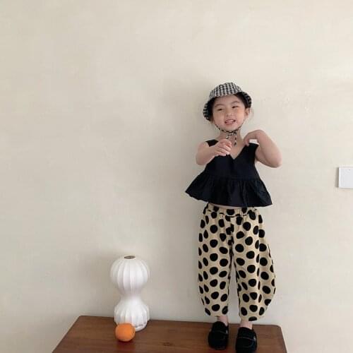 Girls Summer Skirt Suit 2021 New Korean Bow Vest Short Sleeve Top Dot Pants Children Casual Skirt Suit Two Piece Set