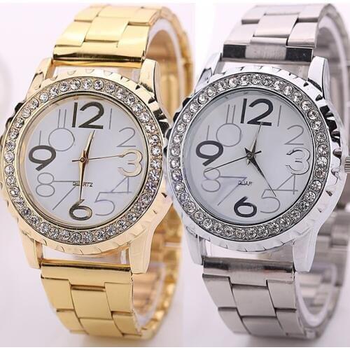 Unisex Fashion Rhinestone Stainless Steel Band Analog Quartz Couple Wrist Watch