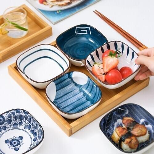 Set of 4 Japanese Style Ceramic Square Snack Bowls 4.25 inch Assorted Design Dinnerware Ideal For Dessert Snack Dish in Gift Box