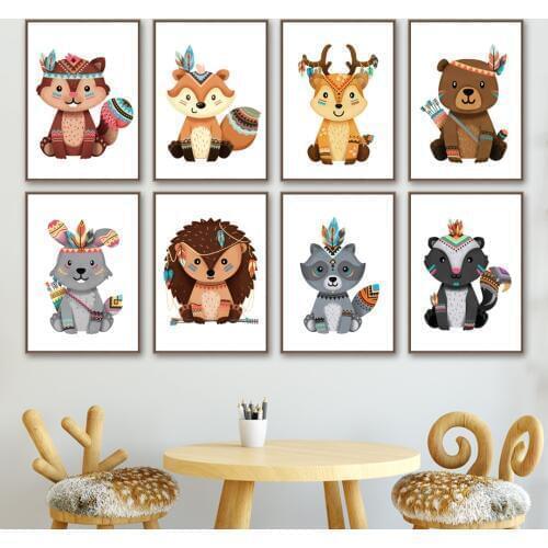 Bear Deer Fox Rabbit Raccoon Nursery Wall Art Canvas Painting Nordic Posters And Prints Wall Pictures Girl Boy Kids Room Decor