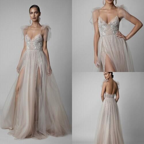 2020 Evening Dresses Spaghetti Straps Side Split A Line Lace Appliques Special Occasion Gowns Backless Sweep Train Prom Dress