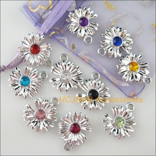 30 New Flower Charms Dull Silver Plated Mixed Crystal Daisy Pandants 21x24mm