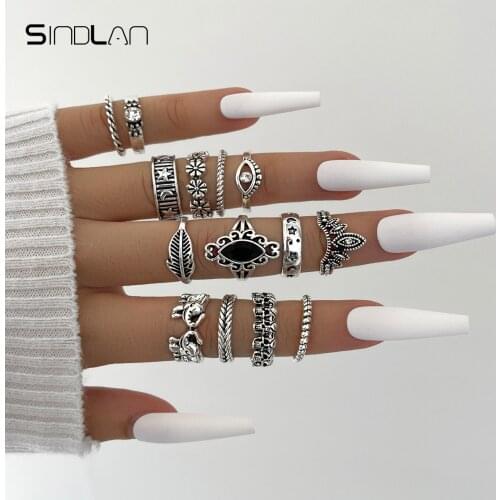 Sindlan 14Pcs Vintage Evil Eye Silver Color Rings for Women Punk Flower Star Crystal Female EMO Fashion Jewelry Anillos Bague