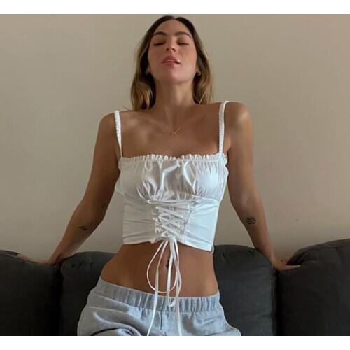Women Girls Street Fashion Solid Bandage Camisole Summer Sexy White Pleated High Waist Tank Crop Top Female Party Clubwear