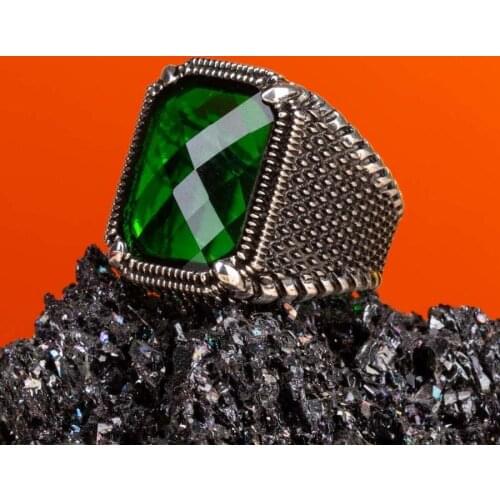 Vintage Rectangle Green Zircon Gemstone Ring Faceted Silver Ring High Quality Fashionable Men Zircon Accessories Made in Turkey