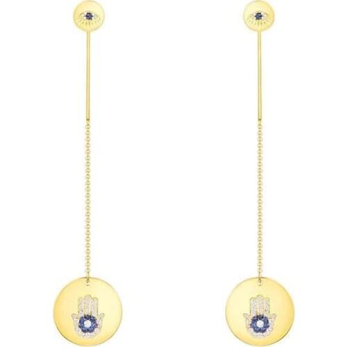 SLJELY 925 Sterling Silver Yellow Gold Color Round Lucky Hamsa Hand Long Earrings Women Zircon Earrings ETE Collection Jewelry