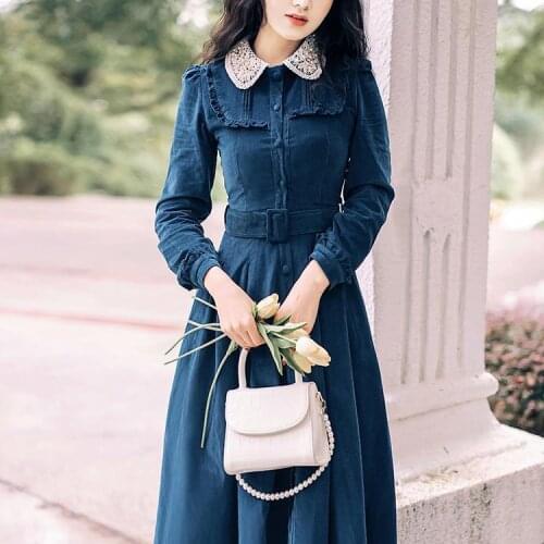 Woman Dresses Fall Womens, Blue Corduroy Dress Single Midi Dress Vestido De Mujer Femme Robe