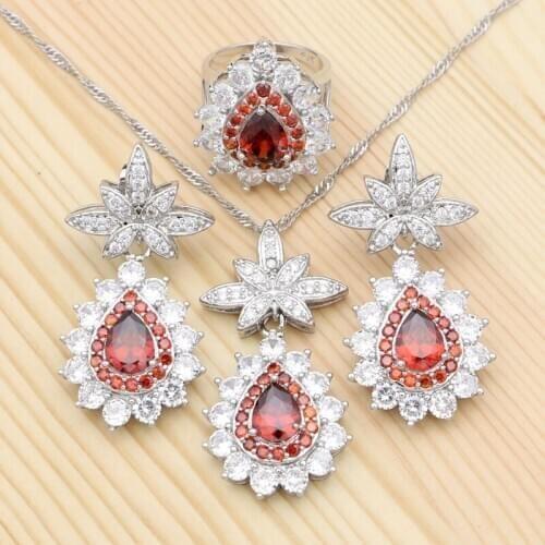 925 Sterling Silver Bridal Jewelry Sets For Women Red Cubic Zirconia Pendant Necklace Ring Earrings Set Bridal Accessories