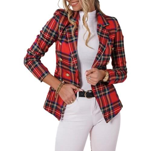 2021 Women Suit Jacket Plaid Tailored Collar Long Sleeves Slim-Waist Buttons Formal Coat for Ladies 4 Colors