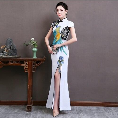 Women Satin Qipao Elegant White Long Chinese Dress Sexy Slim Phoenix Print Cheongsam Exquisite Pulse Size 3xl 4xl 5xl Vestidos