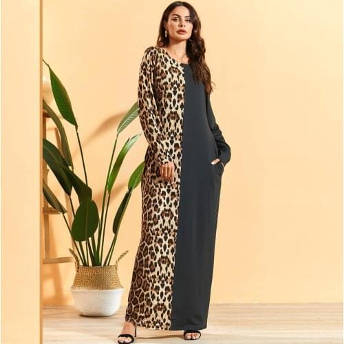 Ramadan Islamic Women Muslim Long Dress Leopard Printed O-neck Boho Maxi Robe Arab Jilbab Kaftan Gown Casual Holiday Pockets New