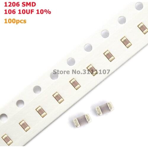 100PCS/LOT 10uf Error 10% 106 10UF 1206 SMD Thick Film Chip Multilayer Ceramic Capacitor