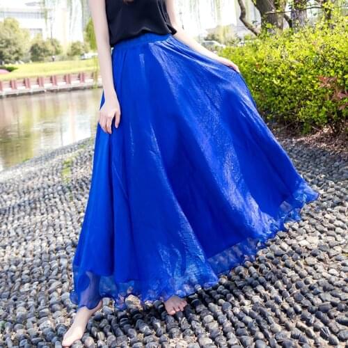 2 Layer Bling Chiffon Long Skirts Women Elegant Casual High Waist Boho Style Beach Maxi Skirt Saias Floor Length Summer Vacation