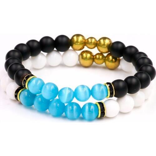 2017 Handmade Jewelry Blue Opal with Matte Black Stone Beads Bracelet For Men,Natural White Stone and Gold Beads Bracelets Women
