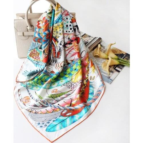 90cm Twill Silk Scarf Feather Digital Printed Hand Rolled Silk Handkerchief Echarpes Foulards Femme Wrap Bandana