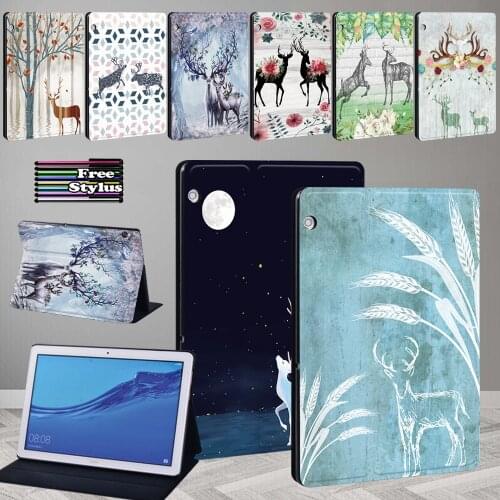 Tablet Case for Huawei MediaPad M5 Lite 10.1"/T5 10 10.1"/M5 Lite 8/M5 10.8/T3 10 9.6/T3 8.0 Deer Pattern pu Leather Stand Cover